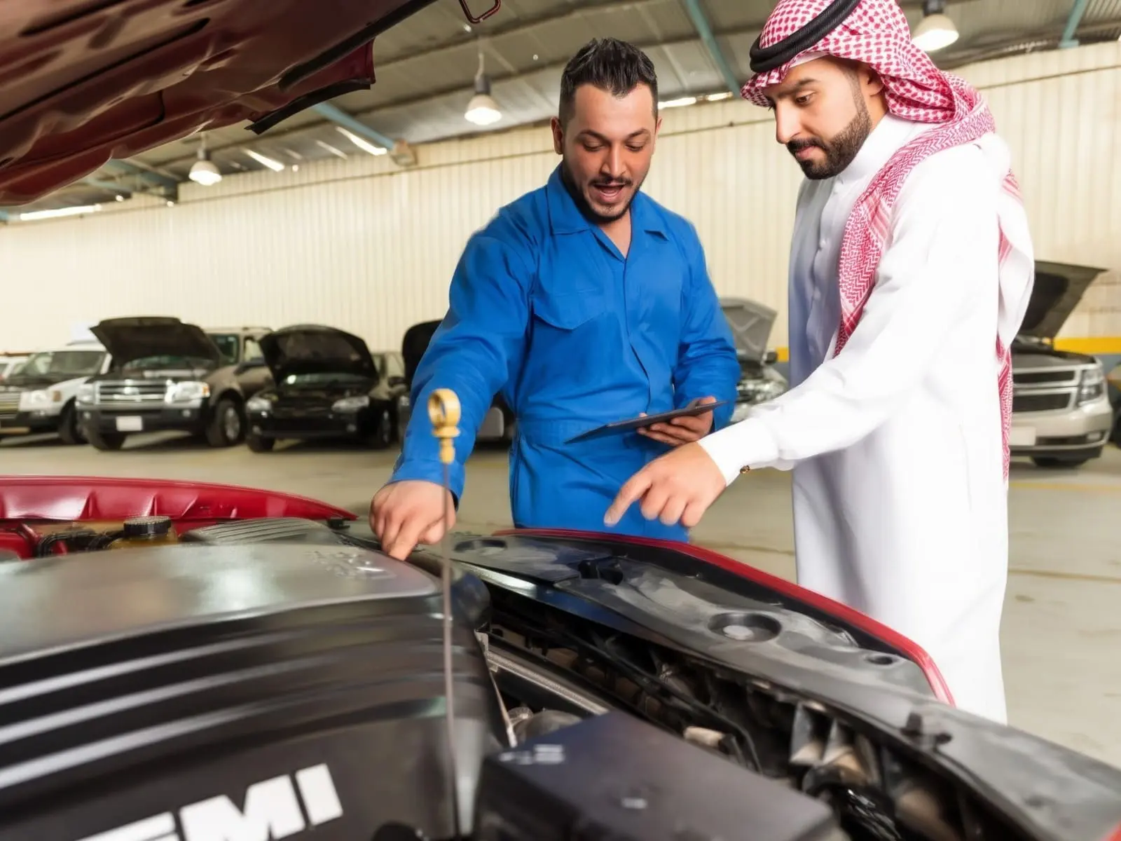 A mechanic and a customer inspecting a car's engine in an auto shop